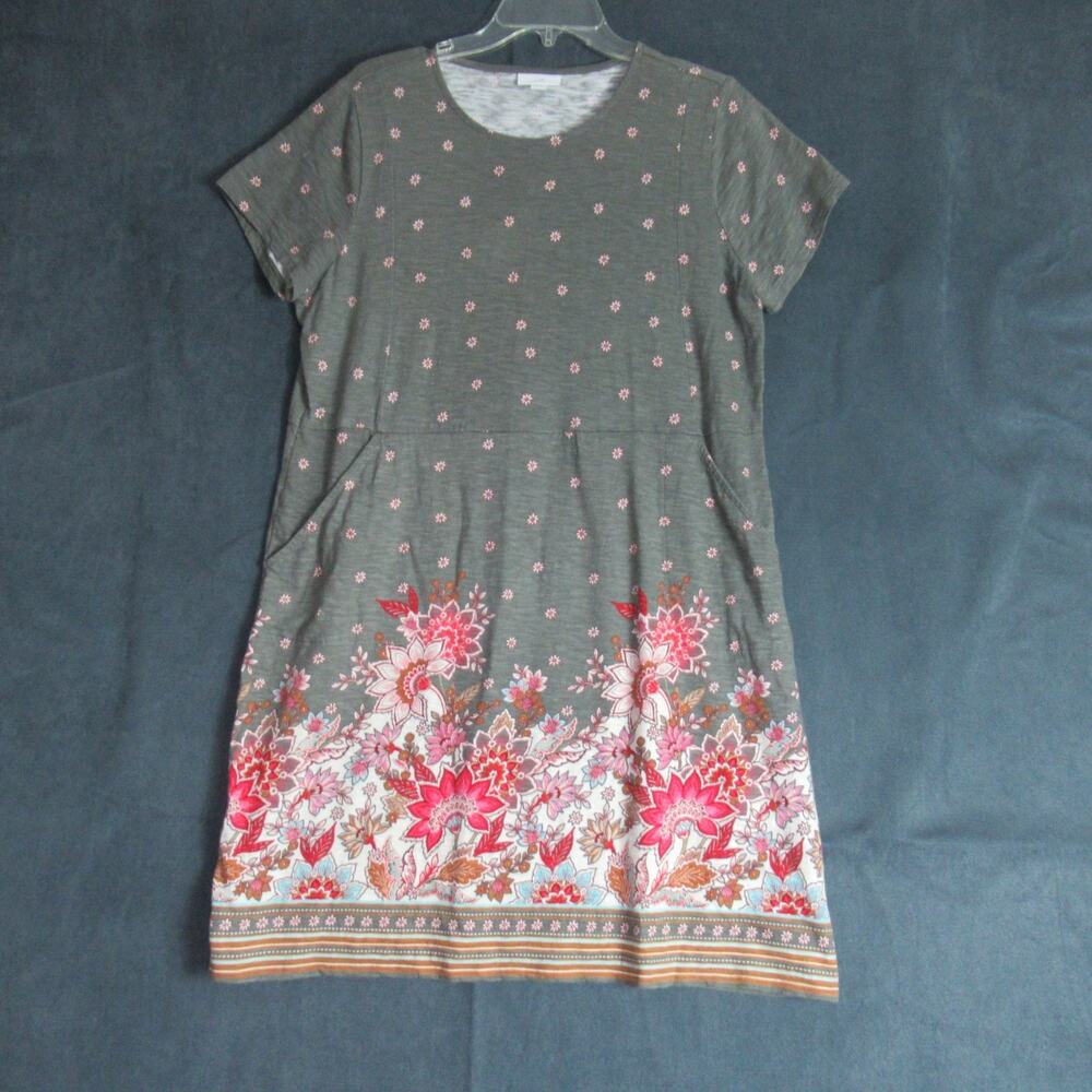 J Jill Dress Womens Large Green Floral Country Midi Shift Beachy Lounge Cottage